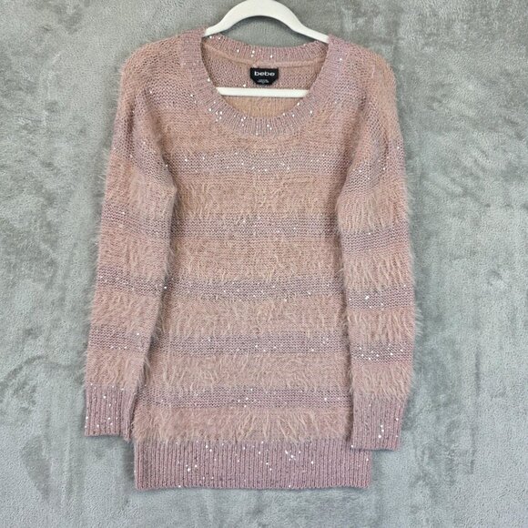 bebe Sweater Womens Small Misty Rose Eyelash Knit Sequined Longline Pullover - Picture 1 of 11